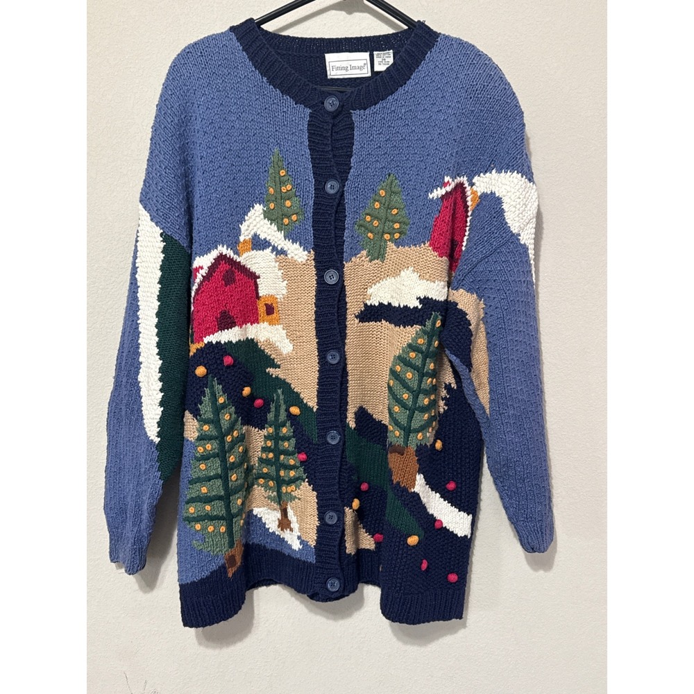 Vintage Cardigan Sweater Womens 26 Blue Winter Scene Pom Pom Ramie Cotton